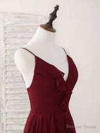 Simple Burgundy V Neck Chiffon Long Prom Dress, Bridesmaid Dresses