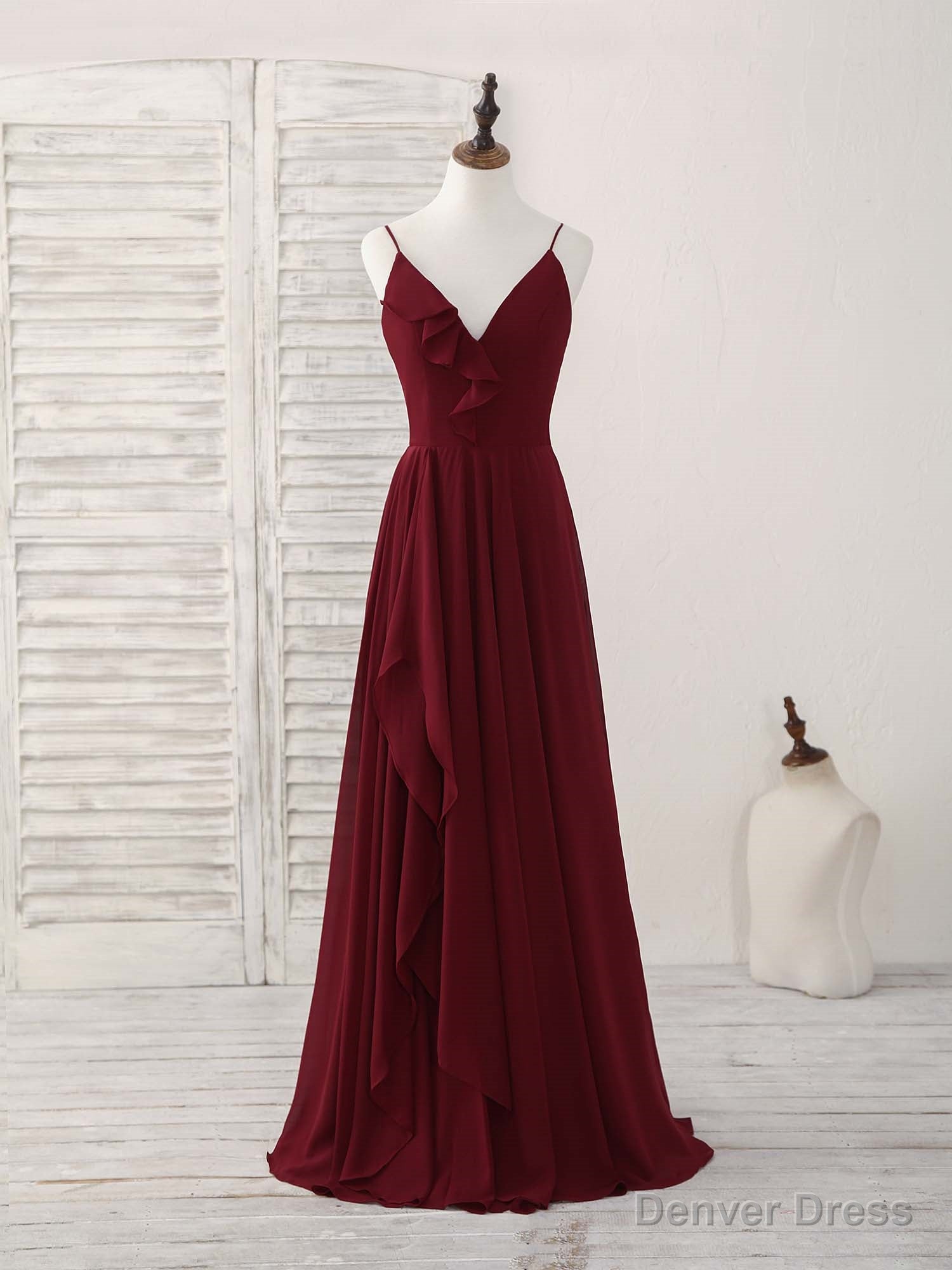 Simple Burgundy V Neck Chiffon Long Prom Dress, Bridesmaid Dresses