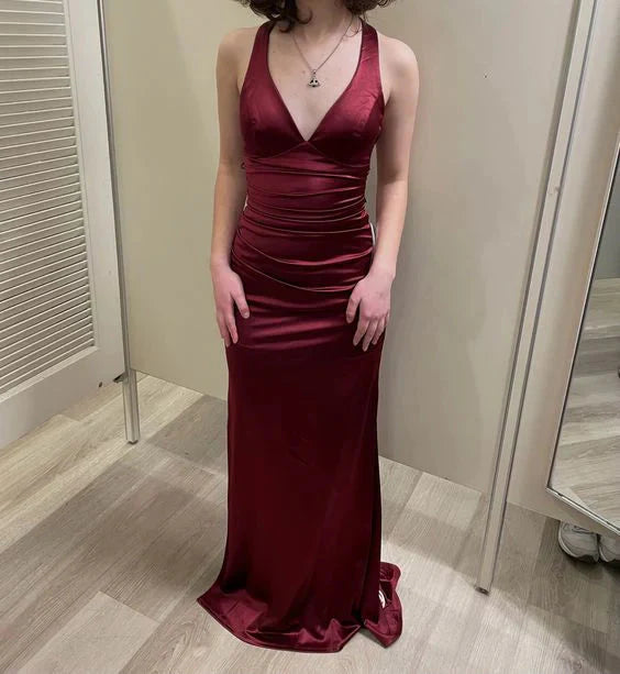 Simple Burgundy V Neck Long Prom Dress