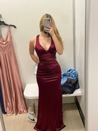 Simple Burgundy V Neck Long Prom Dress