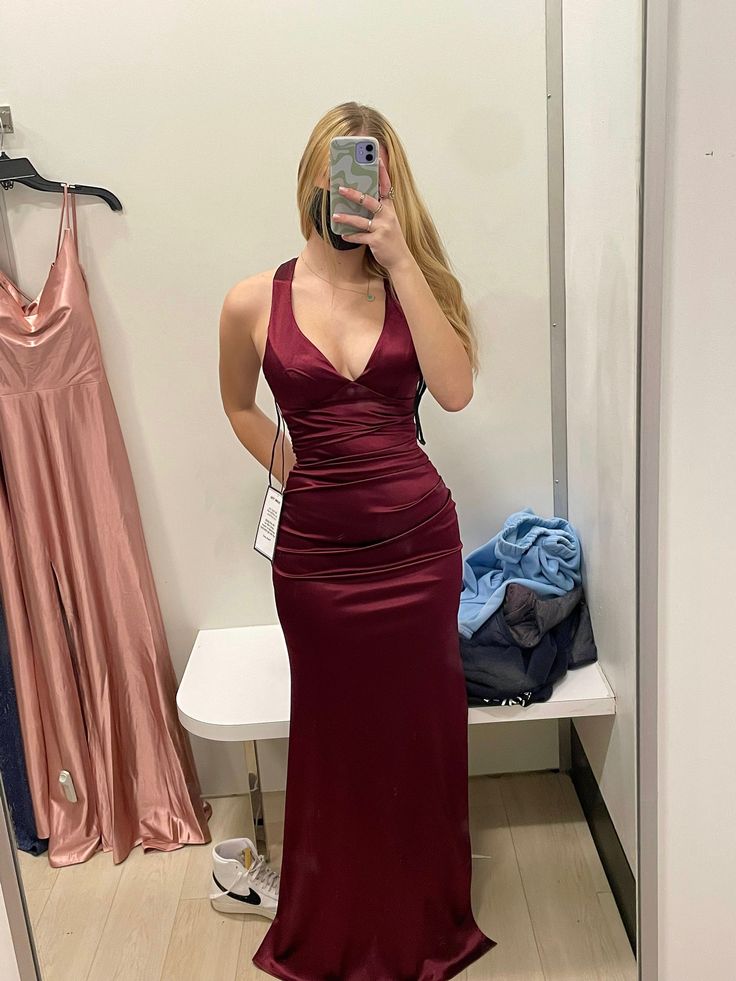 Simple Burgundy V Neck Long Prom Dress