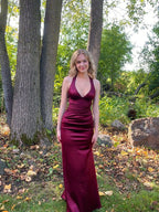 Simple Burgundy V Neck Long Prom Dress