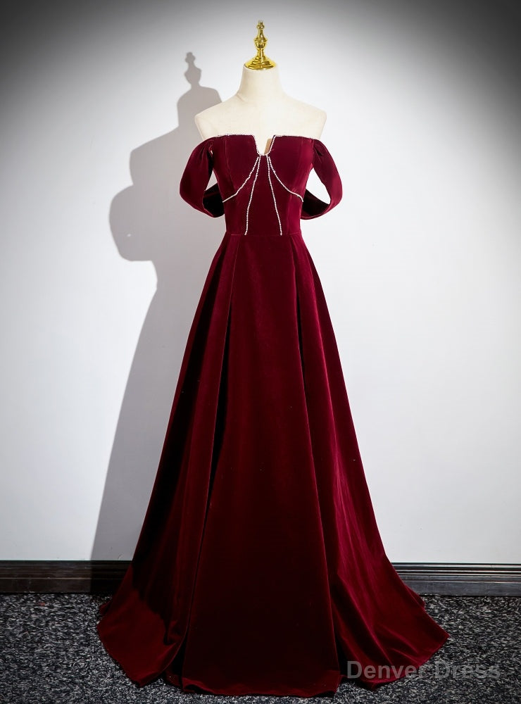 Simple Burgundy Velvet Off the Shoulder Beading Prom Dresses