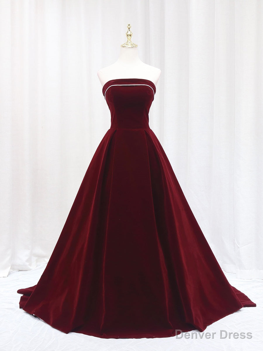 Simple Burgundy Velvet Strapless Prom Dresses