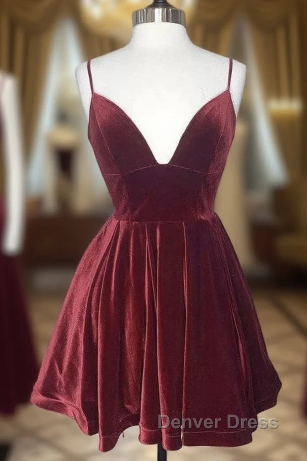 Simple Burgundy Velvet Winter Prom Dress Short V Neck Homecoming Dresses Main image
