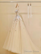 Simple Champagne A-Line Spaghetti Straps Tulle Applique Long Prom Dress Sweet Wedding Dress