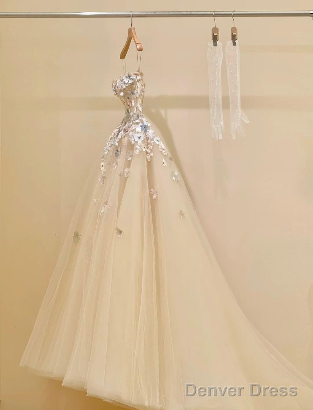 Simple Champagne A-Line Spaghetti Straps Tulle Applique Long Prom Dress Sweet Wedding Dress