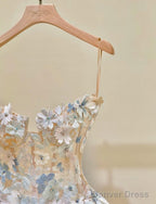 Simple Champagne A Line Spaghetti Straps Tulle Applique Long Prom Dress Sweet Wedding Dresses