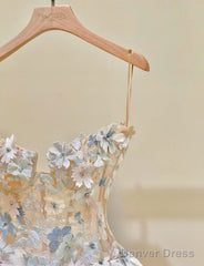 Simple Champagne A-Line Spaghetti Straps Tulle Applique Long Prom Dress Sweet Wedding Dress