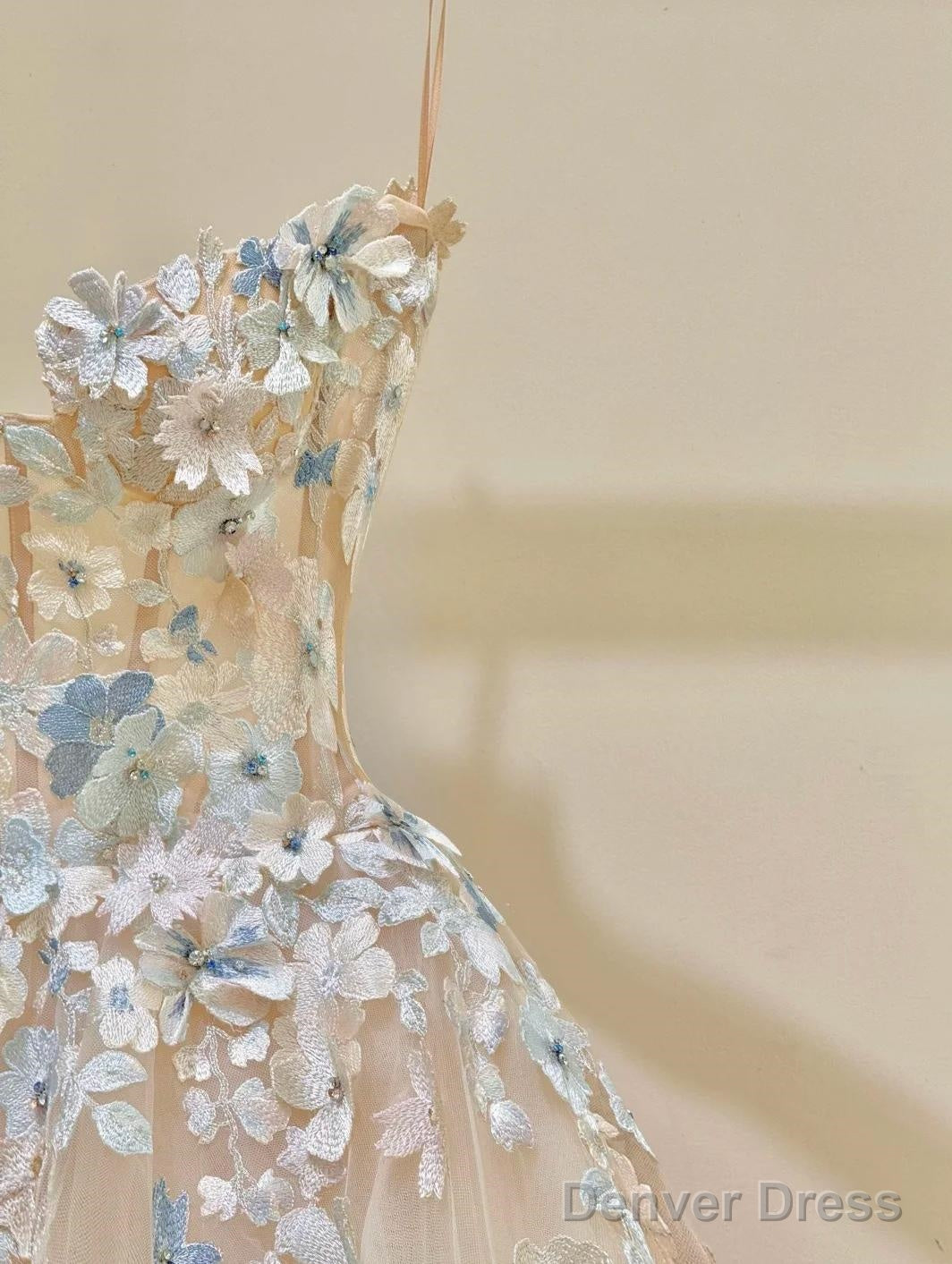 Simple Champagne A-Line Spaghetti Straps Tulle Applique Long Prom Dress Sweet Wedding Dress