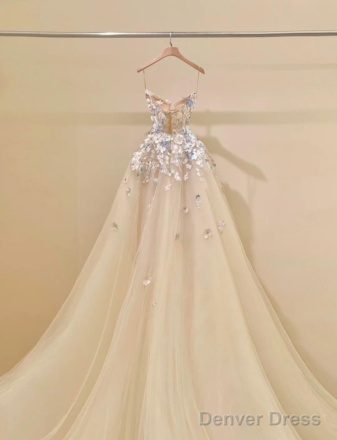 Simple Champagne A Line Spaghetti Straps Tulle Applique Long Prom Dress Sweet Wedding Dresses