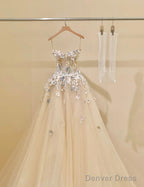 Simple Champagne A-Line Spaghetti Straps Tulle Applique Long Prom Dress Sweet Wedding Dress