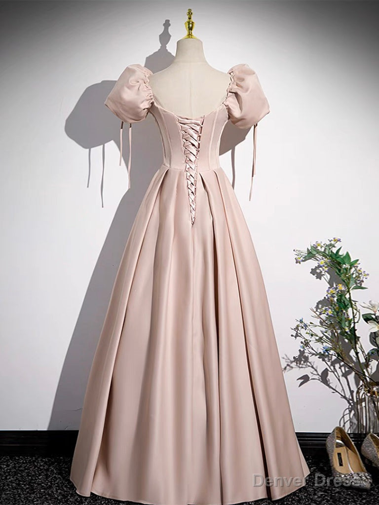 Simple Champagne Pink Satin Long Prom Dress, Champagne Pink Long Prom Dresses