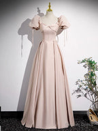 Simple Champagne Pink Satin Long Prom Dress, Champagne Pink Long Prom Dresses