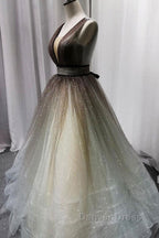 Simple Coffee tulle sequin long prom Dress coffee Prom Dresses