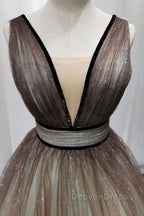 Simple Coffee tulle sequin long prom Dress coffee Prom Dresses