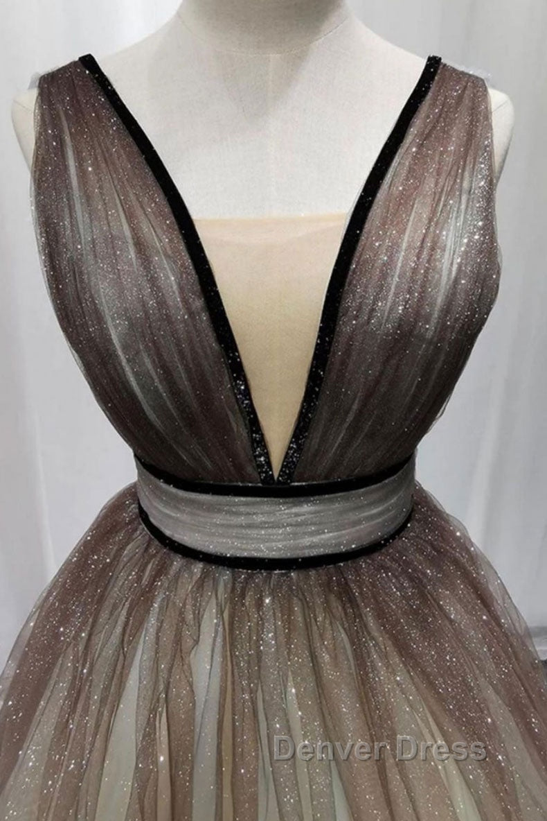 Simple Coffee tulle sequin long prom Dress coffee Prom Dresses