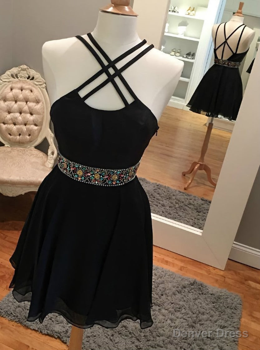 Simple Cute Black Chiffon Homecoming Dress with Beads Sash Main image