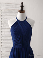 Simple Dark Blue Chiffon Long Prom Dress Blue Bridesmaid Dresses
