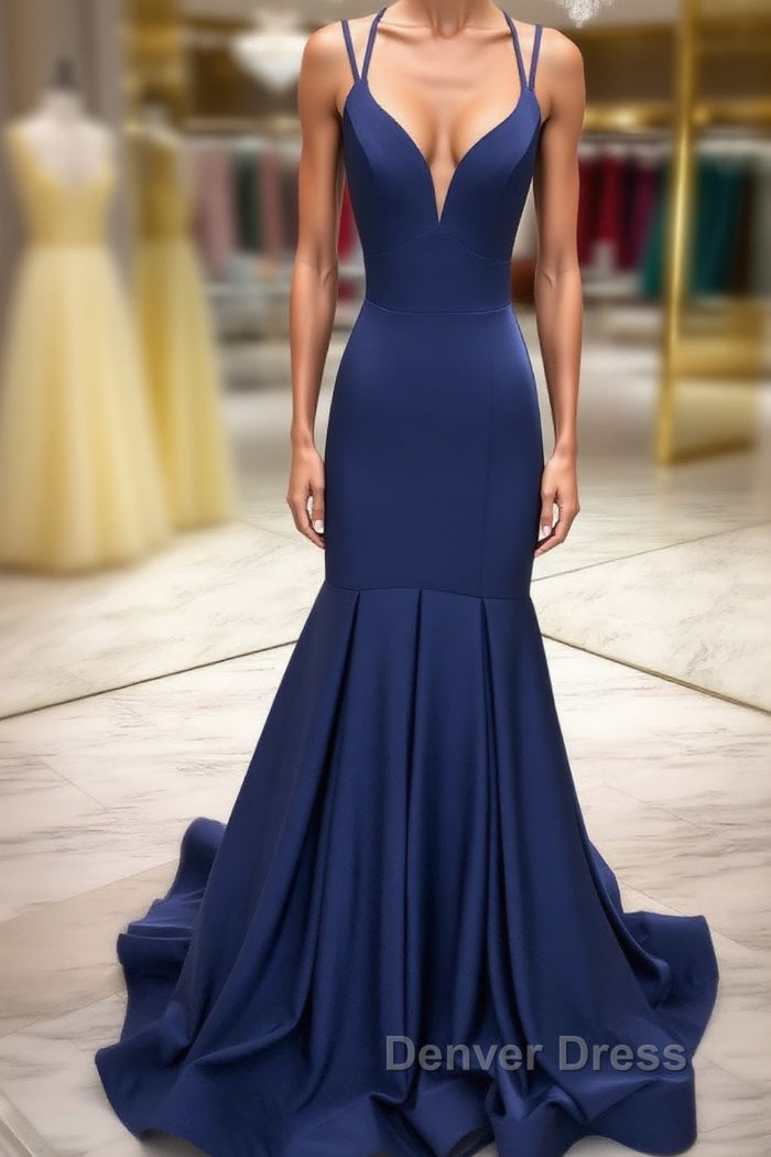 Simple dark blue satin long prom Dress blue Prom Dresses Main image