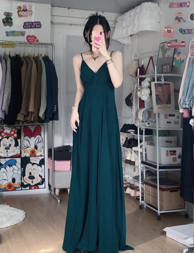 Simple Dark Green A-Line V-Neck Halter Chiffon Long Prom Dresses Evening Dresses Bridesmaid Dresses