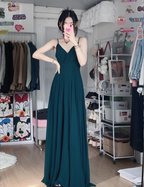 Simple Dark Green A-Line V-Neck Halter Chiffon Long Prom Dresses Evening Dresses Bridesmaid Dresses