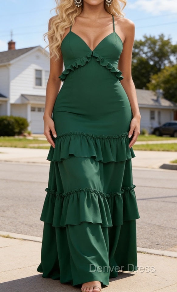 Simple Dark Green Prom Dress A-Line V-Neck Sleeveless Prom Dresses Spaghetti Straps