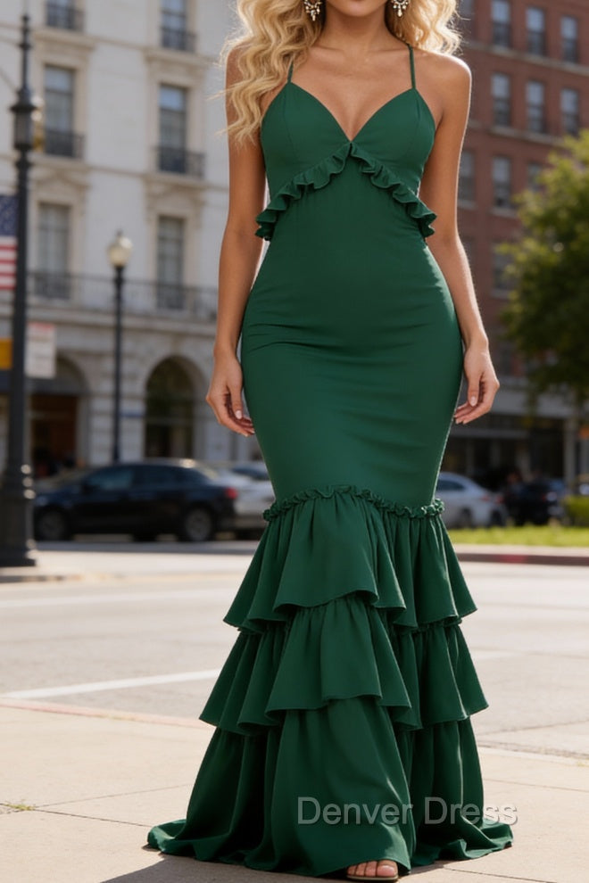 Simple Dark Green Prom Dress A-Line V-Neck Sleeveless Prom Dresses Spaghetti Straps Main image