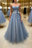 Simple gray blue tulle lace applique long prom Dress, tulle Prom Dresses