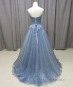 Simple gray blue tulle lace applique long prom Dress, tulle Prom Dresses