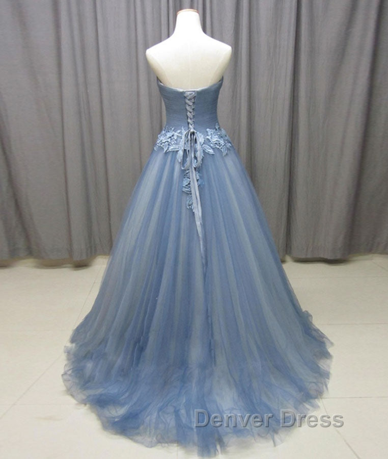 Simple gray blue tulle lace applique long prom Dress, tulle Prom Dresses