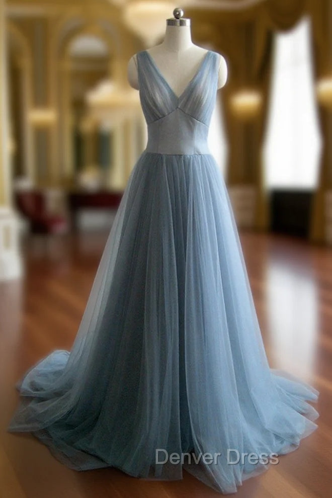 Simple gray blue tulle long prom Dresses, evening Dresses