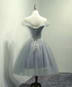 Simple Gray Tulle Short Prom Dress, Gray Tulle Bridesmaid Dresses