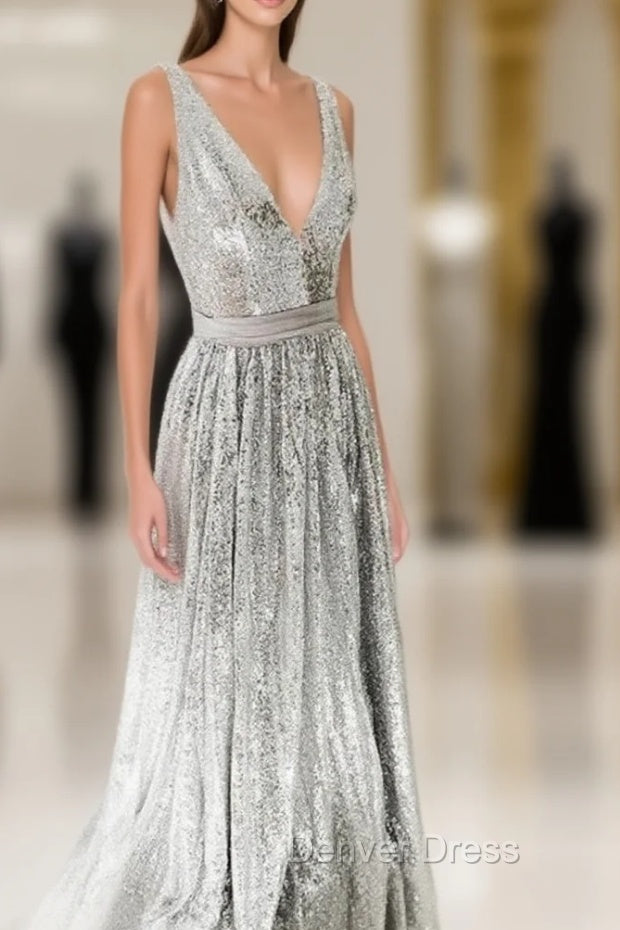 Simple Gray V Neck Sequin Long Prom Dresses Gray Formal Dresses