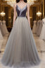 Simple gray v neck tulle long prom Dress, gray tulle Prom Dresses