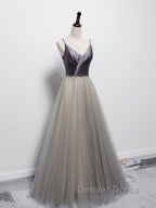 Simple gray v neck tulle long prom Dress, gray tulle Prom Dresses