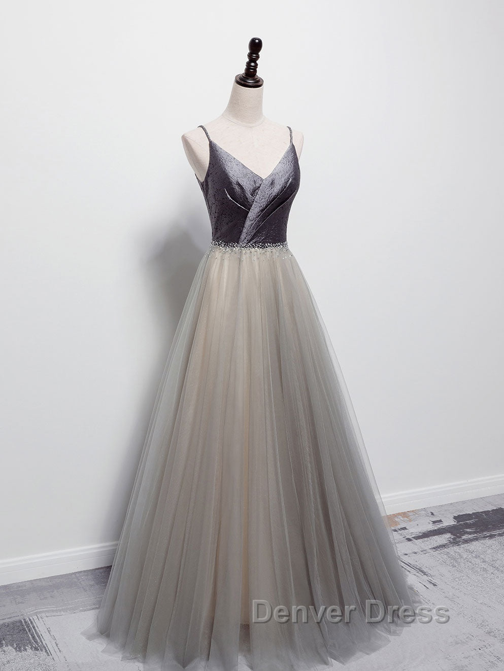 Simple gray v neck tulle long prom Dress, gray tulle Prom Dresses