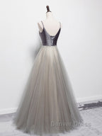 Simple gray v neck tulle long prom Dress, gray tulle Prom Dresses