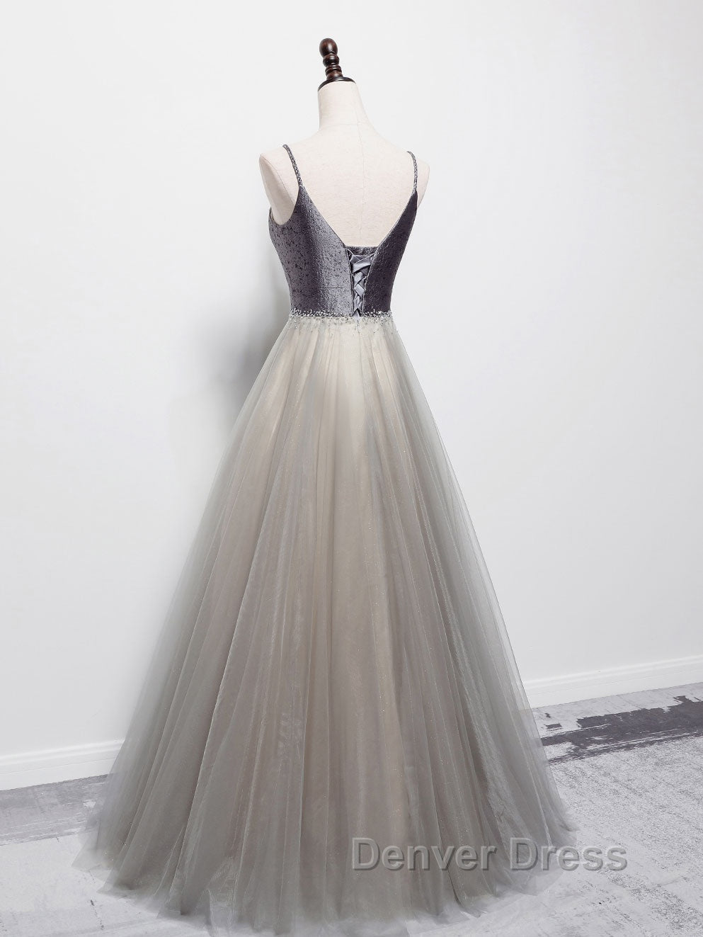 Simple gray v neck tulle long prom Dress, gray tulle Prom Dresses