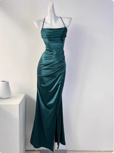 Simple Green Mermaid Pleated Crisscross Sash Slit Satin Long Prom Dresses Evening Dresses Bridesmaid Dresses