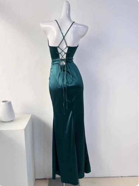 Simple Green Mermaid Pleated Crisscross Sash Slit Satin Long Prom Dresses Evening Dresses Bridesmaid Dresses