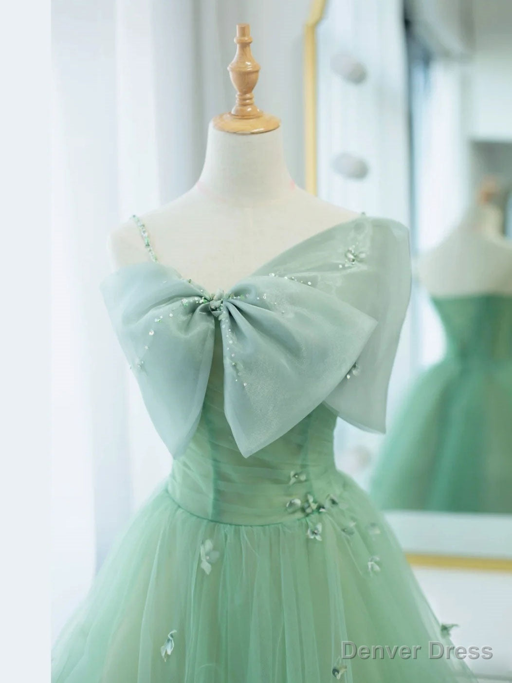 Simple Green Tulle Tea Length Prom Dress, Green Tulle Homecoming Dresses Secondary image