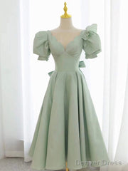 Simple Green V Neck Satin Short Prom Dress, Green Evening Dress