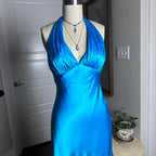 Simple Halter Neck Satin Blue Open Back Homecoming Dresses