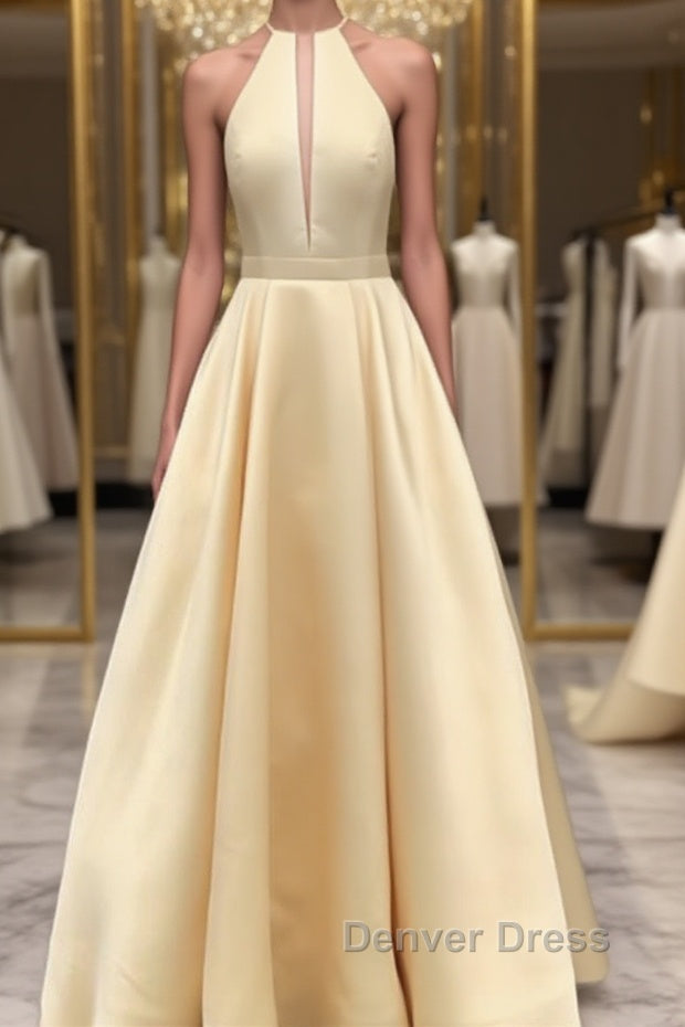 Simple Halter Yellow Satin Long Prom Dresses 2019, Yellow Formal Dresses Long Evening Dresses Main image