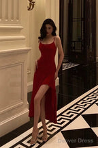 Simple High Low Spaghetti Straps Red Prom Dresses Birthday Outfits Evening Gown