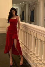 Simple High Low Spaghetti Straps Red Prom Dresses Birthday Outfits Evening Gown