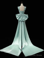 Simple hydra Satin Bow Tie Green Long Prom Dress, Green Long Formal Dress