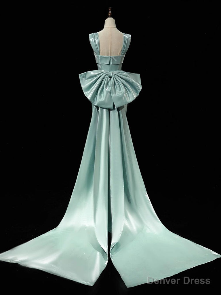 Simple hydra Satin Bow Tie Green Long Prom Dress, Green Long Formal Dress