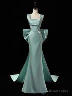 Simple hydra Satin Bow Tie Green Long Prom Dress, Green Long Prom Dresses